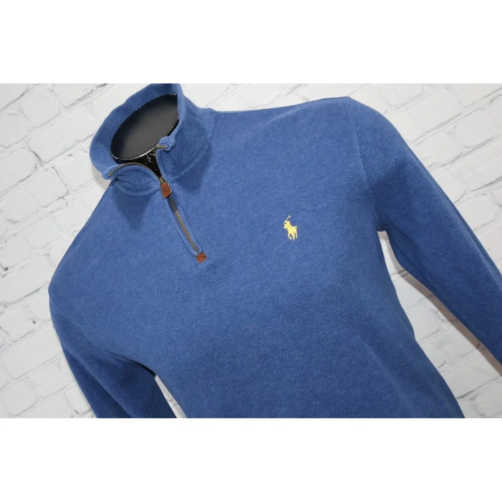 Polo Ralph Lauren Pullover Mens Medium Blue 1/4 Leather Zip Pull Cotton Sweater